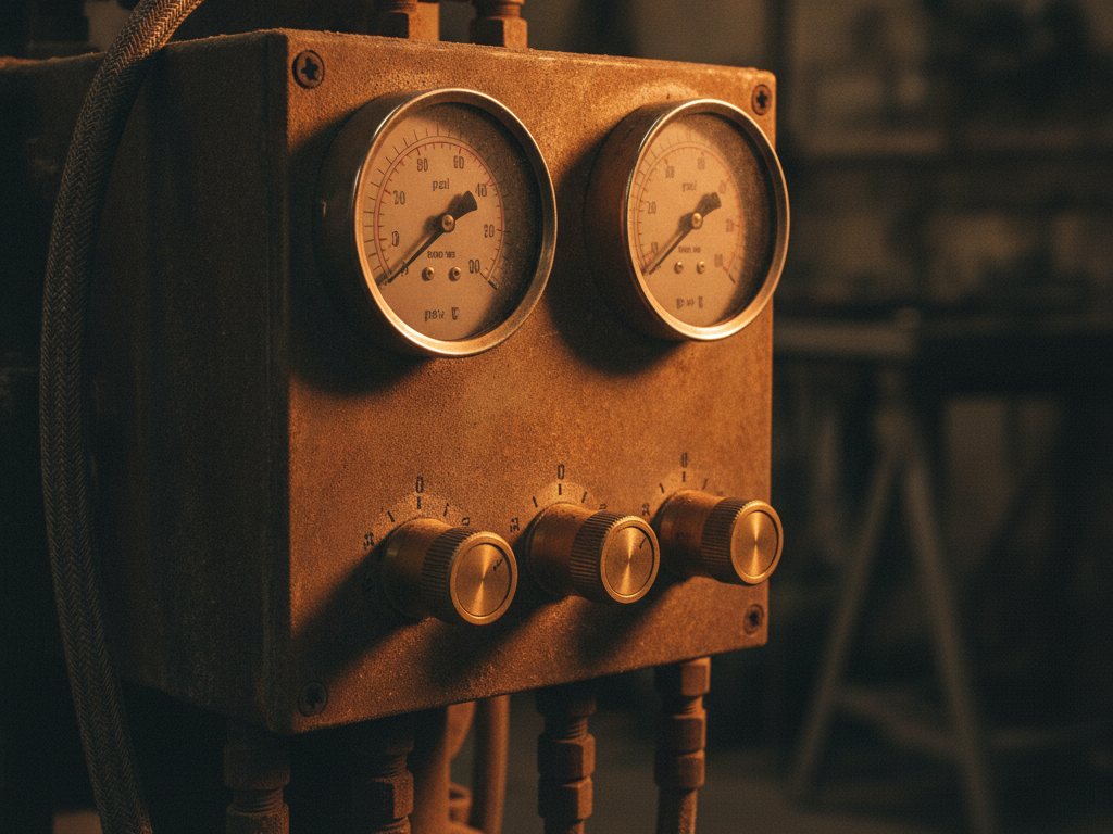 A close-up of a spray foam proportioner control panel with pressure gauges